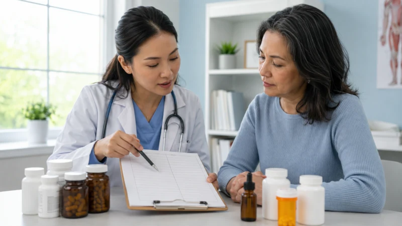 Healthcare professional reviewing herbal products and medications with a patient.