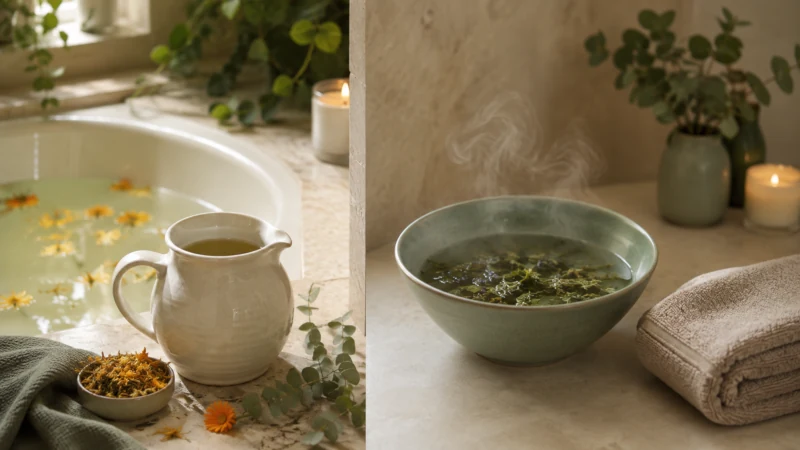 Prepared herbal bath infusion beside a safe bowl of aromatic steam.
