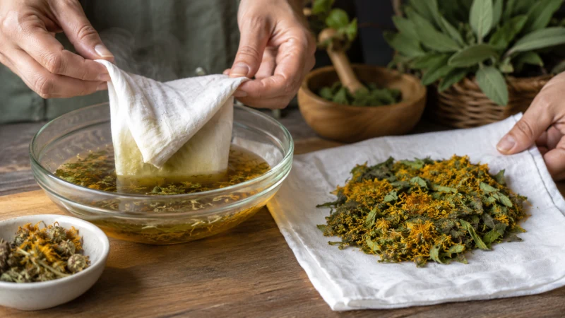 A warm herbal compress cloth and plant-based poultice prepared safely for external use.