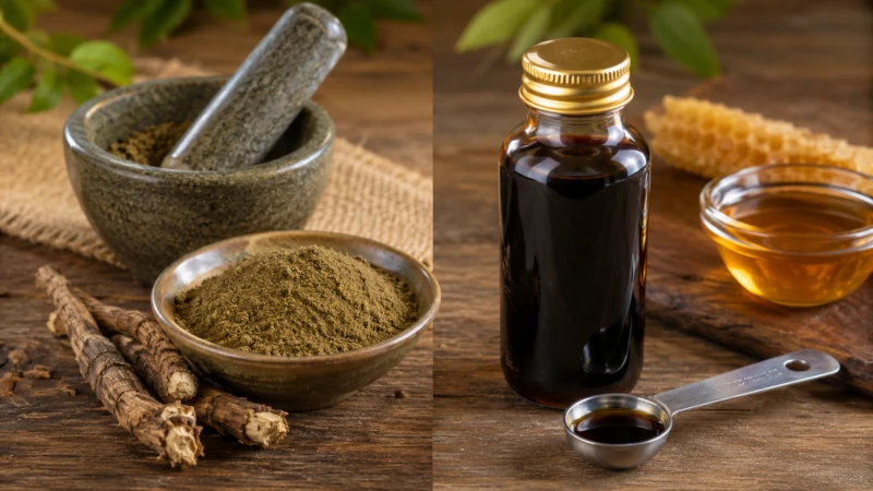 Finely ground herbal powder beside an unlabeled bottle of herbal syrup and dried plant material.