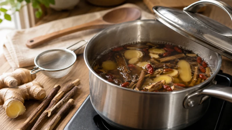 Sliced medicinal roots gently simmering in a covered stainless-steel saucepan.