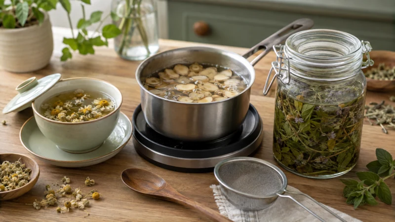 Herbal infusion, root decoction, and cold-water extraction displayed side by side.