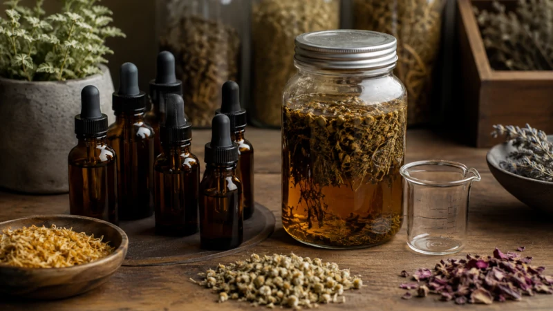 Unlabeled amber dropper bottles and a jar of herbs used for concentrated herbal extracts.