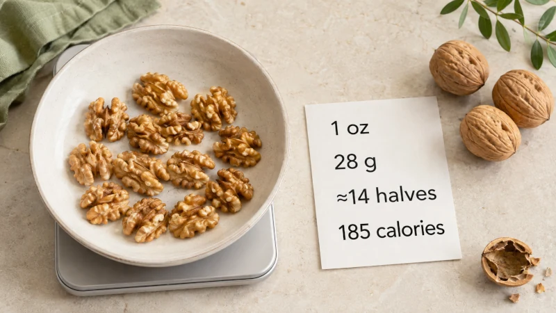 One-ounce daily serving of about 14 English walnut halves in a small bowl