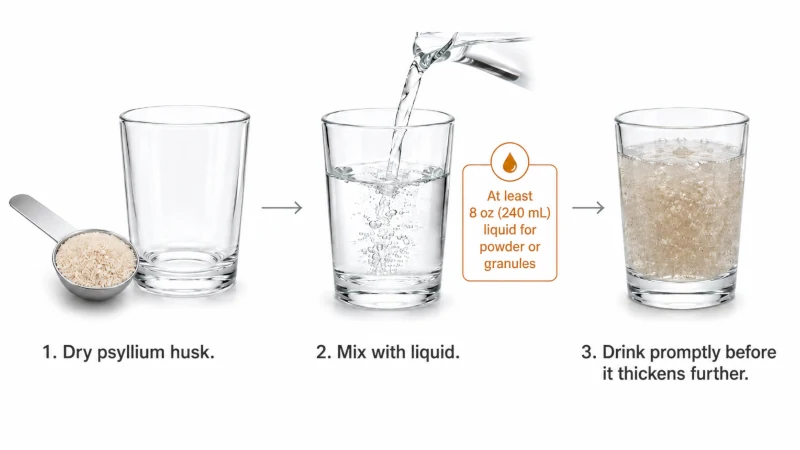 Three-step diagram showing dry psyllium husk mixed with water and forming a thick gel