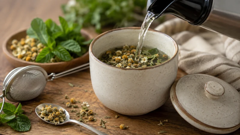Hot water being poured over chamomile flowers in a covered ceramic cup.