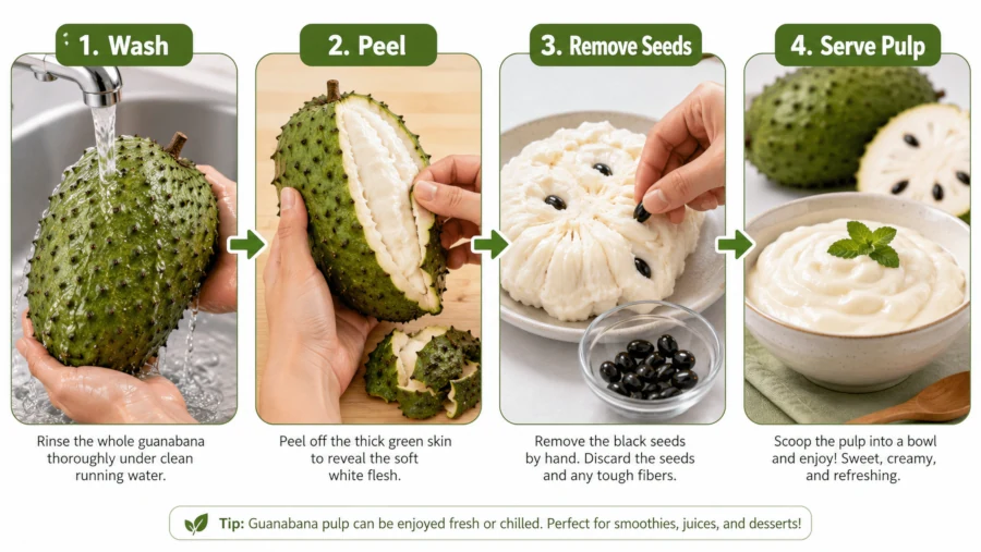 Four-step sequence washing, peeling, removing seeds, and serving guanabana pulp