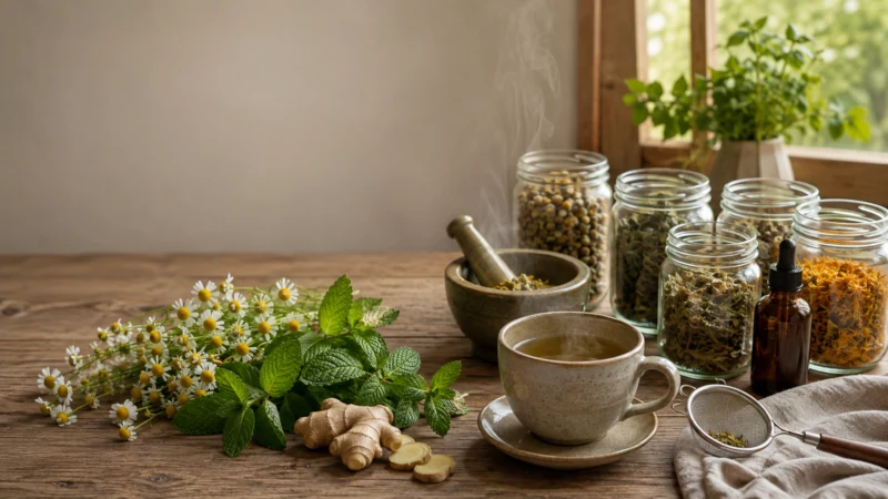 Fresh and dried herbs for medicinal uses arranged with herbal tea, amber bottles, a mortar and pestle, and preparation tools.