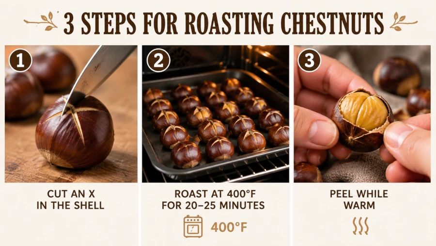 Three steps for roasting for chestnut benefits: cut an X in the shell, roast at 400F, peel while warm.