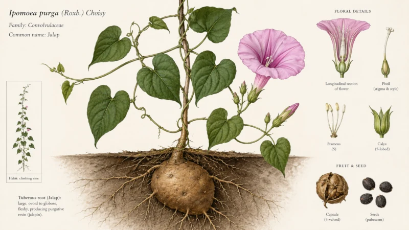 Ipomoea purga climbing vine with funnel-shaped flower and its tuberous jalap plant root