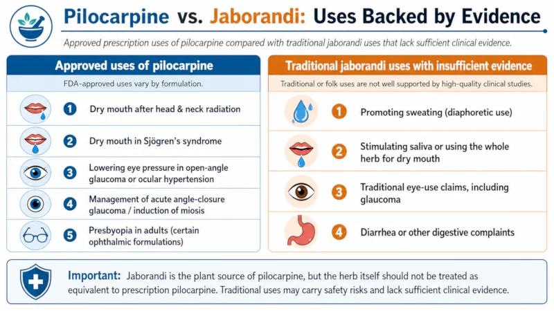 Chart comparing approved pilocarpine uses versus insufficient-evidence traditional uses of jaborandi.