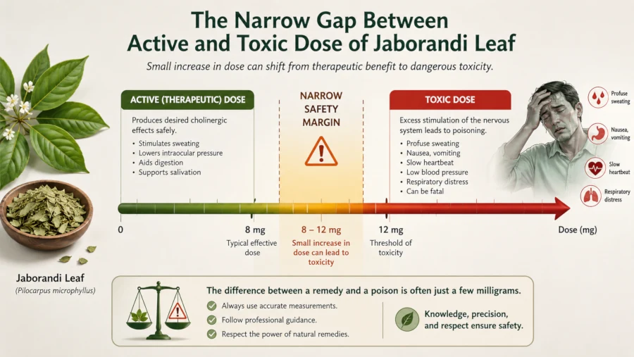 Illustration of the narrow gap between an active and a toxic dose of jaborandi leaf.