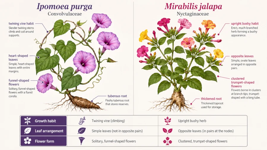 Side-by-side comparison of Ipomoea purga in Convolvulaceae and Mirabilis jalapa in Nyctaginaceae