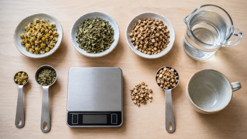 Dried leaves and roots being measured with a teaspoon and digital kitchen scale.