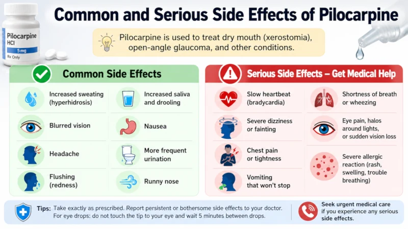 Table of common and serious side effects of pilocarpine." Caption: "Common vs. urgent side effects