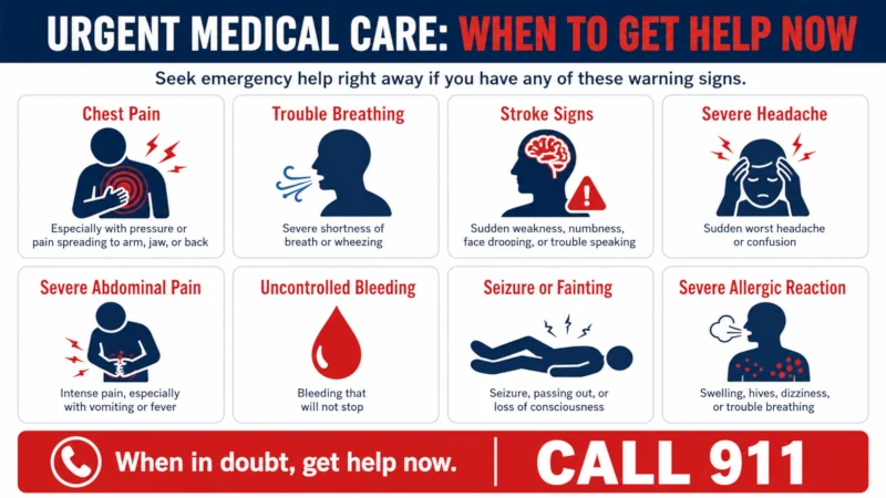 Decision guide showing symptoms that require urgent medical care.