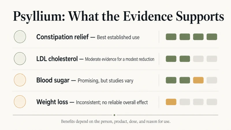 Evidence chart rating psyllium for constipation, LDL cholesterol, blood sugar, and weight loss