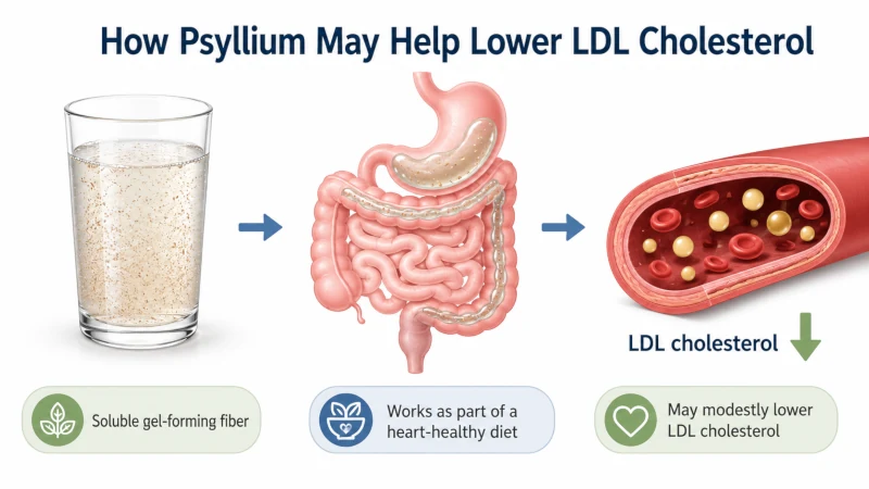 Educational graphic showing psyllium fiber helping reduce LDL cholesterol as part of a heart-healthy diet