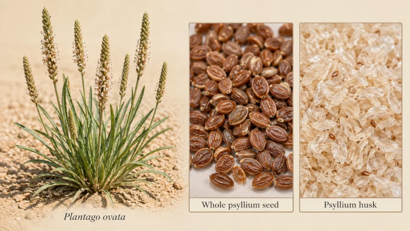 Plantago ovata plant beside psyllium plant seeds and pale psyllium husk