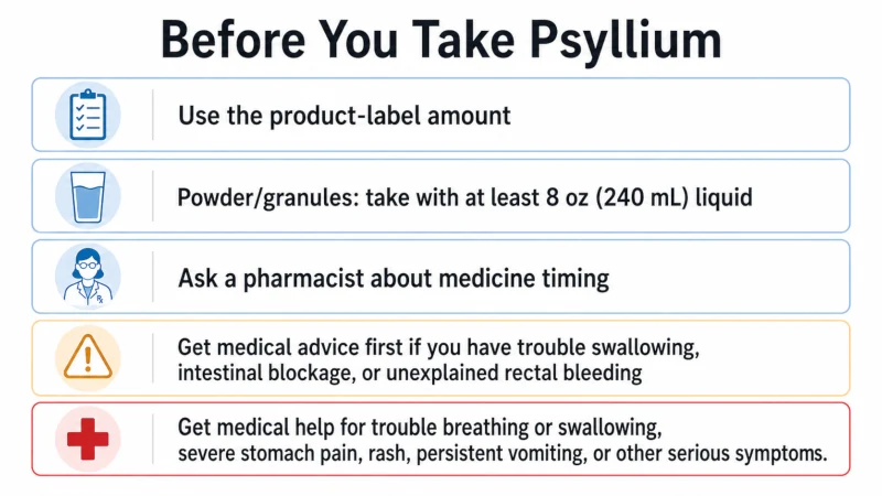 Psyllium safety checklist covering water, swallowing problems, medicine timing, and urgent symptoms