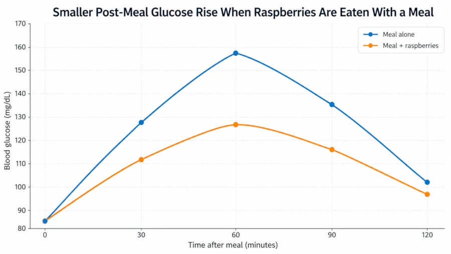 Line chart showing a smaller post-meal glucose rise when raspberries are eaten with a meal