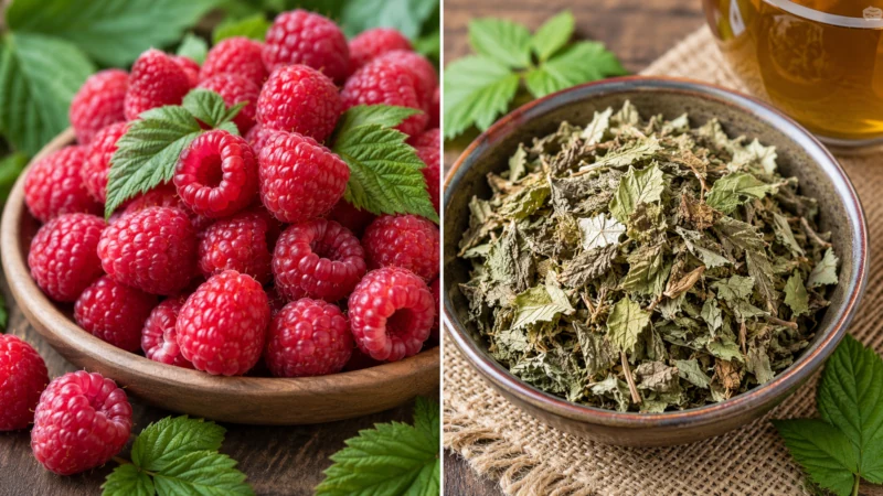 Side-by-side of fresh red raspberries and dried raspberry leaves used for tea