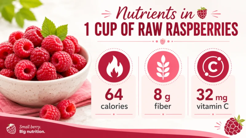 Chart of nutrients in one cup of raw raspberries: 64 calories, 8 g fiber, 32 mg vitamin C