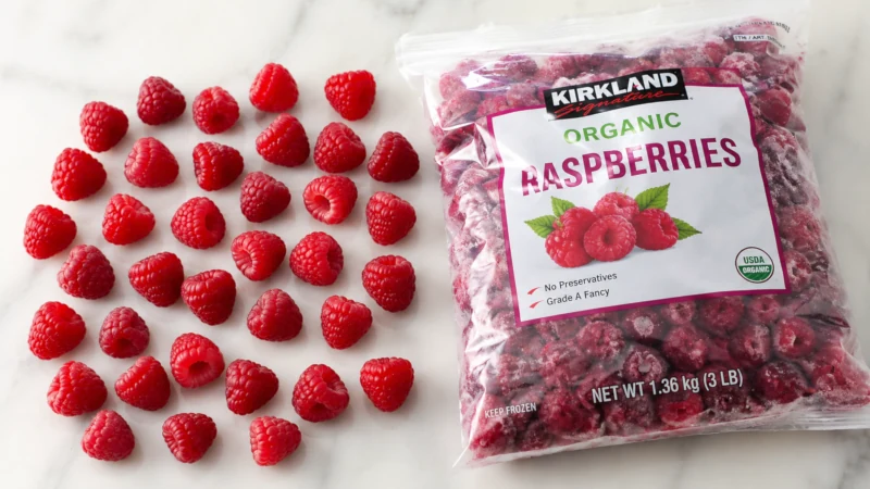 Fresh raspberries in a single layer beside a bag of frozen raspberries