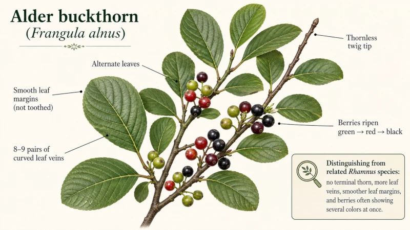 Alder buckthorn shrub with ripening berries, labeled to distinguish it from related Rhamnus species.