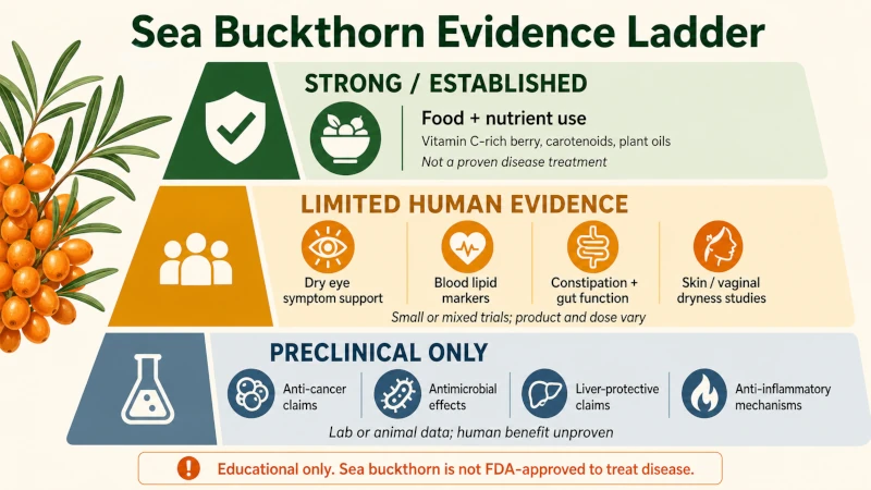Tiered graphic showing strong, limited, and preclinical-only evidence for sea buckthorn uses.