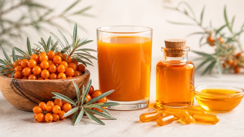 Sea buckthorn shown as fresh berries, juice, orange oil, and supplement capsules.