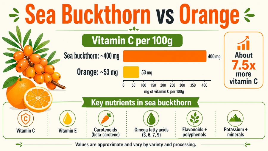Chart comparing sea buckthorn vitamin C content with oranges and listing its key nutrients.