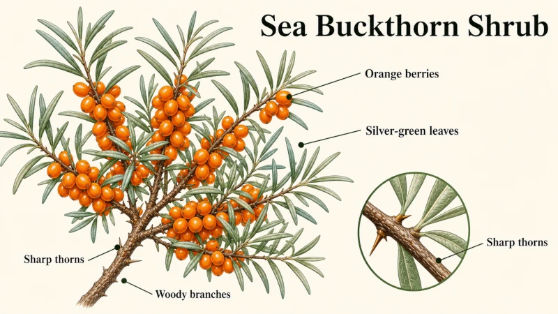 Labeled illustration of a sea buckthorn shrub showing orange berries, silver-green leaves, and thorns.