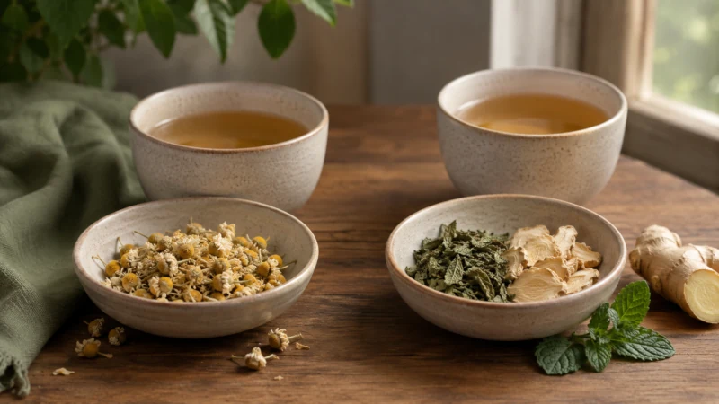 A single bowl of chamomile beside a simple blend of peppermint and ginger.