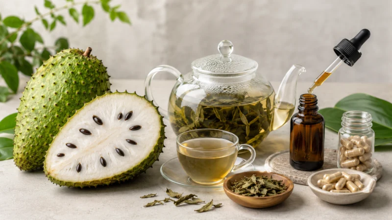Fresh soursop fruit compared with leaf tea, extract dropper, and capsules for guanabana benefits