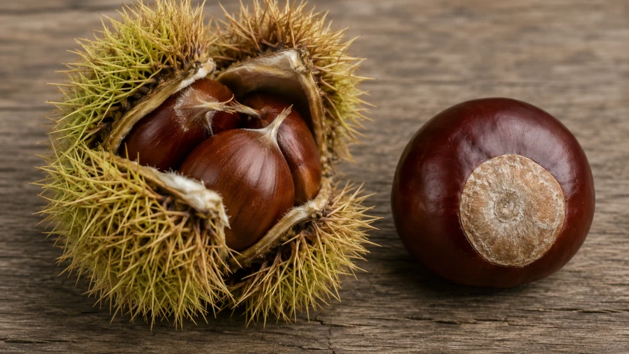 Sweet chestnut with furry spiny husk and pointed nuts beside a round horse chestnut with a pale scar.