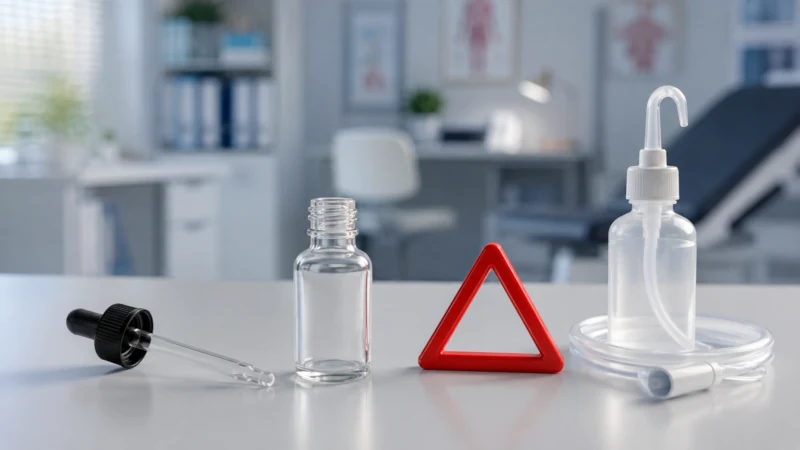 Homemade eye dropper and irrigation equipment set aside with a medical caution symbol.