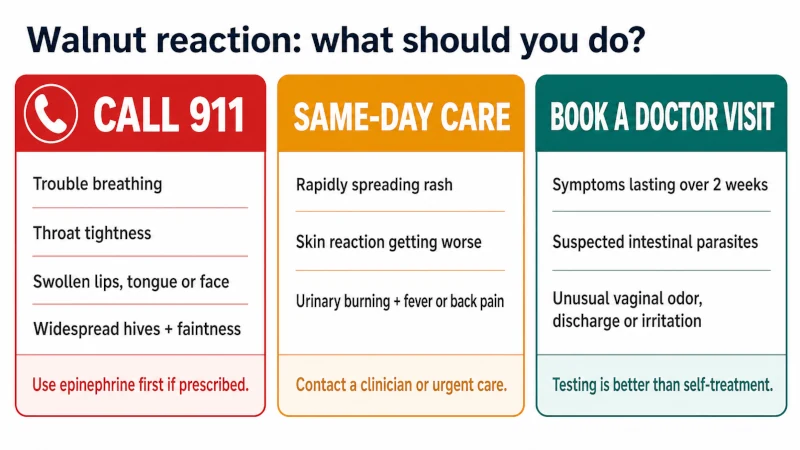Walnut reaction safety guide showing when to call 911, seek urgent care or make a regular doctor appointment