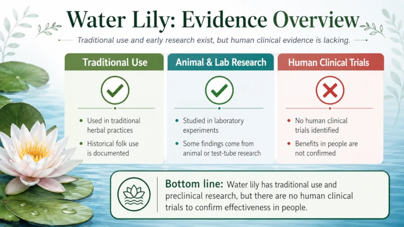 Chart showing water lily has traditional use and animal/lab research but no human clinical trials