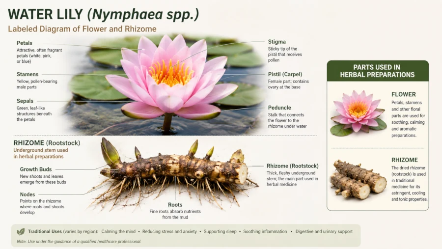 Labeled diagram of water lily flower and rhizome, the parts used in herbal preparations