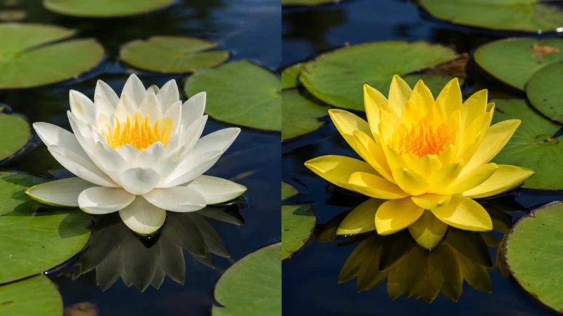 Side-by-side comparison of white water lily and yellow water lily plant. flowers floating on water