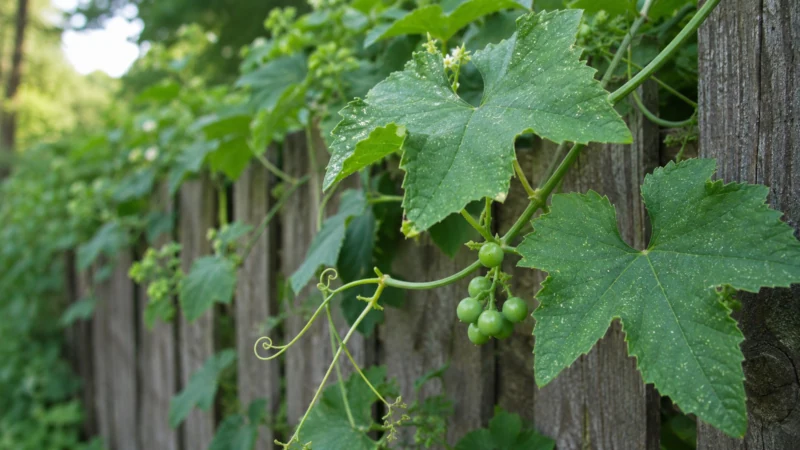 White bryony vine (wild hops plant) showing lobed leaves, curling tendrils, and green unripe berries