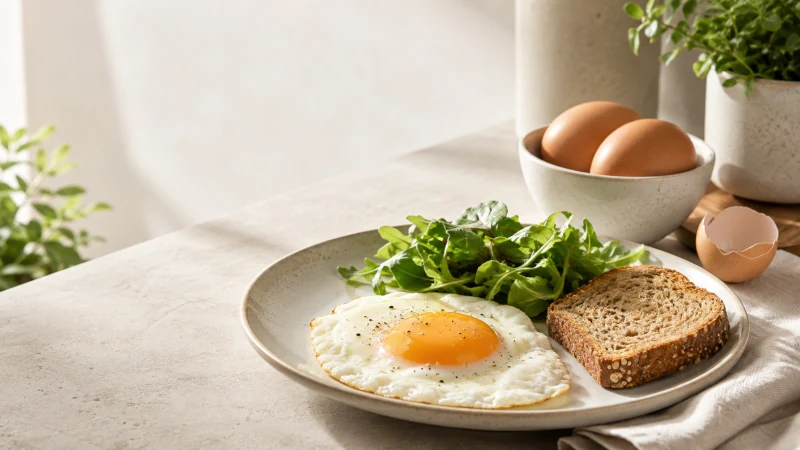 Fresh eggs, cooked egg, and whole-grain breakfast representing egg nutrition and food safety