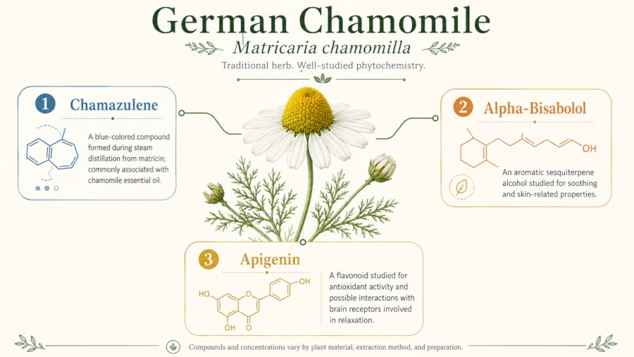 Diagram of chamomile's three main active compounds.