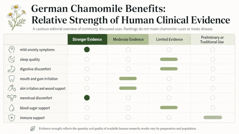 Chart ranking German chamomile benefits by strength of clinical evidence.
