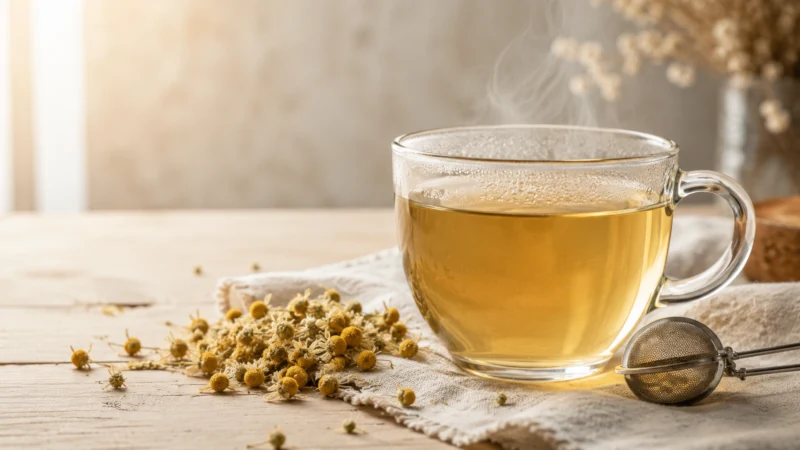 Cup of steeping German chamomile tea with dried flowers beside it.
