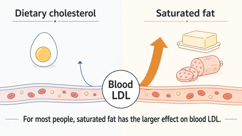 Illustration explaining that saturated fat generally affects LDL cholesterol more than dietary cholesterol for most people