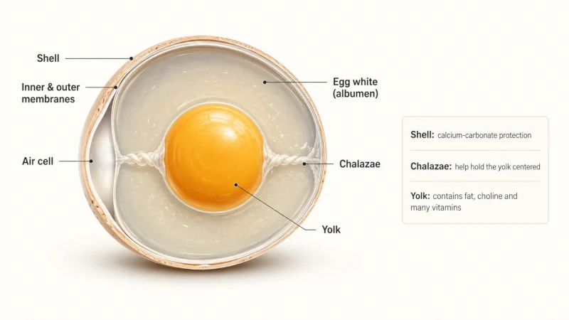 Labeled cross section of an egg showing shell, membranes, air cell, egg white, chalazae, and yolk
