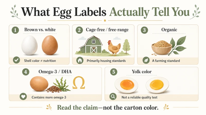 Egg carton label guide comparing brown, cage-free, free-range, organic, and omega-3 eggs