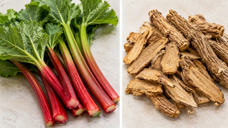 Side-by-side comparison of garden rhubarb stalks and dried Chinese rhubarb root.